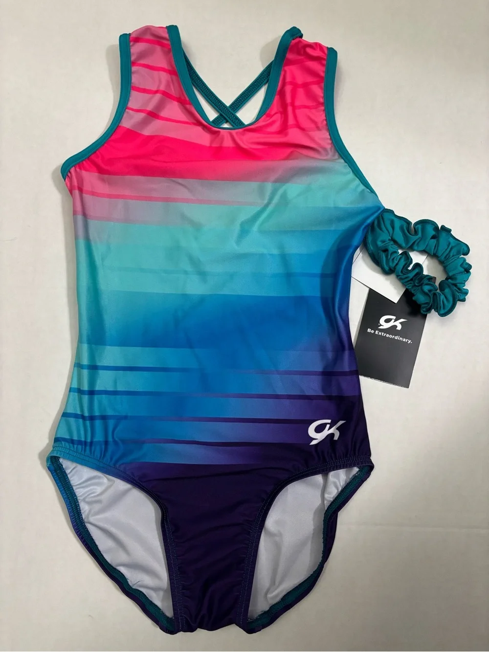 New! GK Gymnastics Leotard + Scrunchie Elite Sportswear Purple/teal adult/kid - Picture 1 of 6